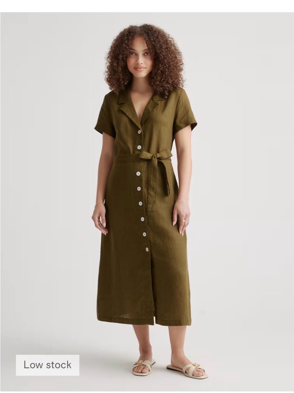 NWT Quince European Linen Button-Front Midi Shirtdress in martini olive, size S